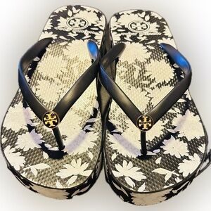 Tory Burch Black and White Floral Sandals